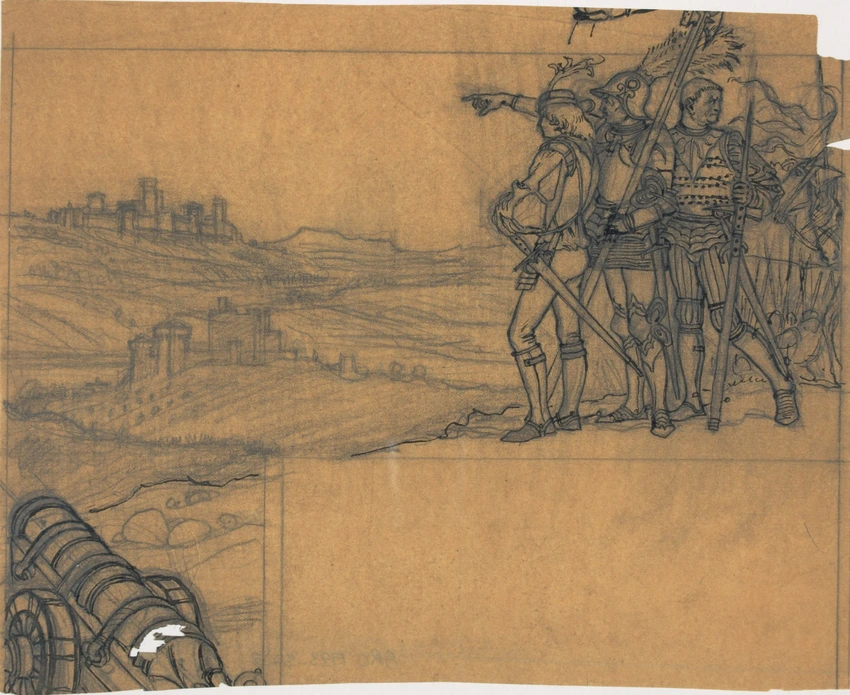 Soldats en costume renaissance s'apprêtant à assiéger une ville - Eugène Grasset