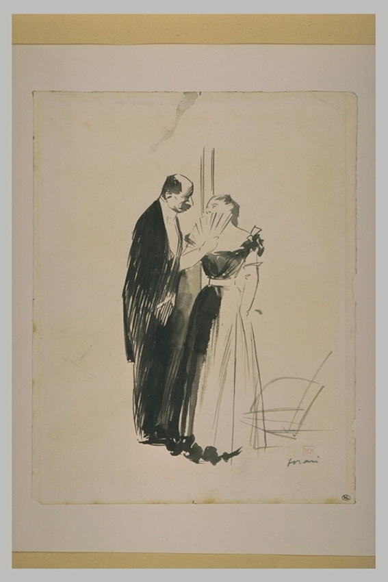 Jean-Louis Forain - Homme en habit noir conversant avec une femme en robe de soi...