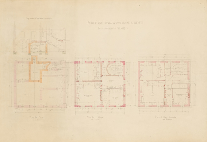 Louis Boitte - Hôtel de M. Blandin à Nevers, plans des caves, du 2ème étage et d...