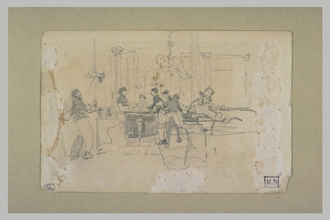Giovanni Boldini - Intérieur de café avec un homme assis à droite, et plusieurs ...