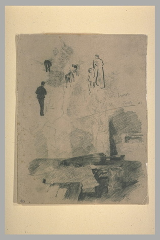 James Ensor - Feuille de croquis : nature morte avec ombrelle japonaise, et pers...