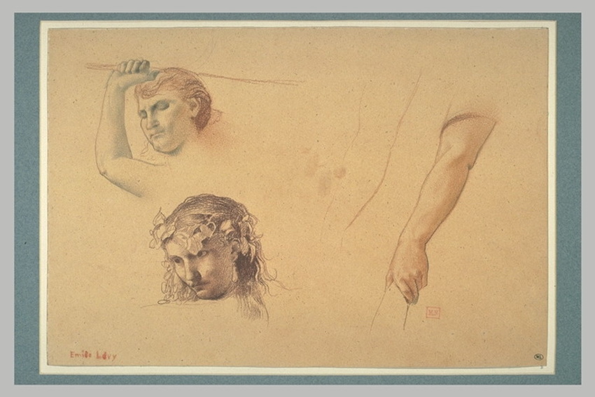 Emile Lévy - Trois études de bras, et deux études de têtes