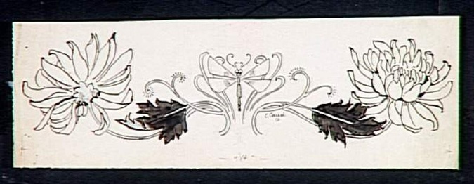 Emile Causé - Frise décorative, libellule au centre, motifs floraux de part et d...
