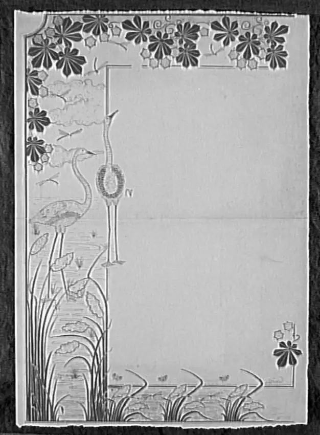 Encadrement de page composé dans le haut d'un motif végétal, sur le côté de deux hérons, de libellules et de nuages stylisés, en bas d'un motif de joncs, de libellules et de papillons - Michel Liénard