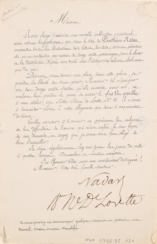 Nadar - Lettre de Félix Nadar en vue de la préparation du Panthéon (celle-ci est...