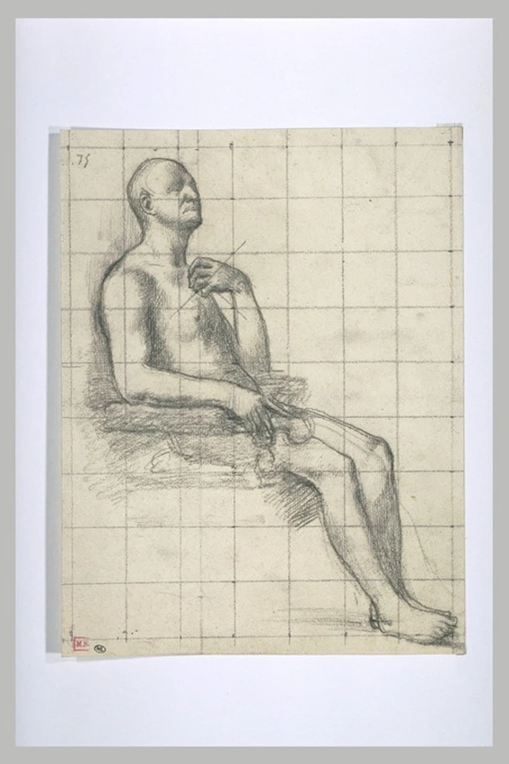 Pierre Puvis de Chavannes - Homme nu assis, de profil à droite, la main gauche l...
