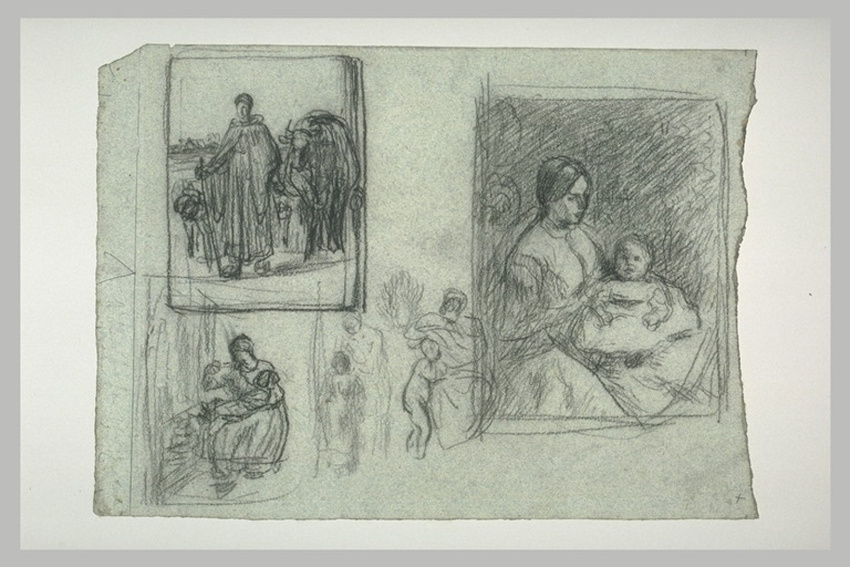 Jean-François Millet - Etudes pour la Bouillie de l'enfant ; bergère et troupeau