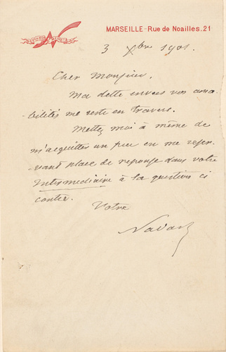 Nadar - Mot de Nadar sur son papier à lette "N quand même - Marseille, rue de No...