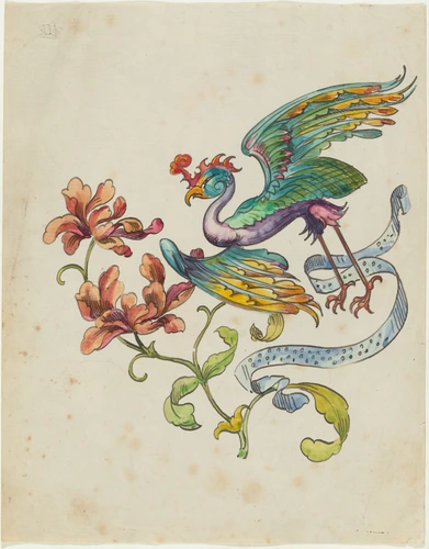 Etude de guirlande fleurie et d'oiseau fantastique, papier à lettre à l'en-tête d'une couronne de baron ? - Claudius Popelin