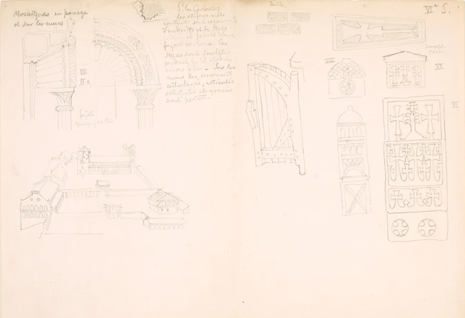 Décors d'édifices, Germigny des Prés, plan, et monuments architecturaux du VIe siècle (sarcophages mérovingiens) - Eugène Grasset