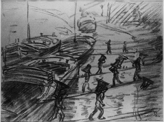 Théophile Alexandre Steinlen - Débardeurs au bord de la Seine déchargeant des pé...