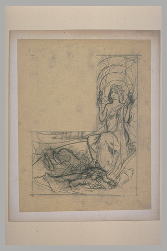 Alphonse Mucha - Jeune femme avec une couronne d'étoiles, deux figures allongées