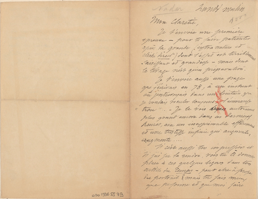 Nadar - Lettre de Félix Nadar adressée à Claretie