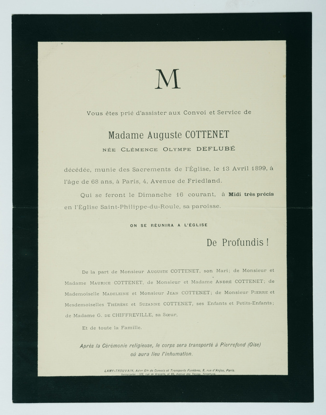 Anonyme - Faire-part de décès de Mme Mme Auguste Cottenet, 13 avril 1899