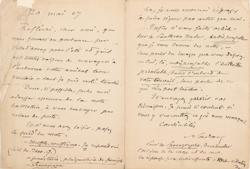 Nadar - Lettre manuscrite de Nadar (recto et verso)