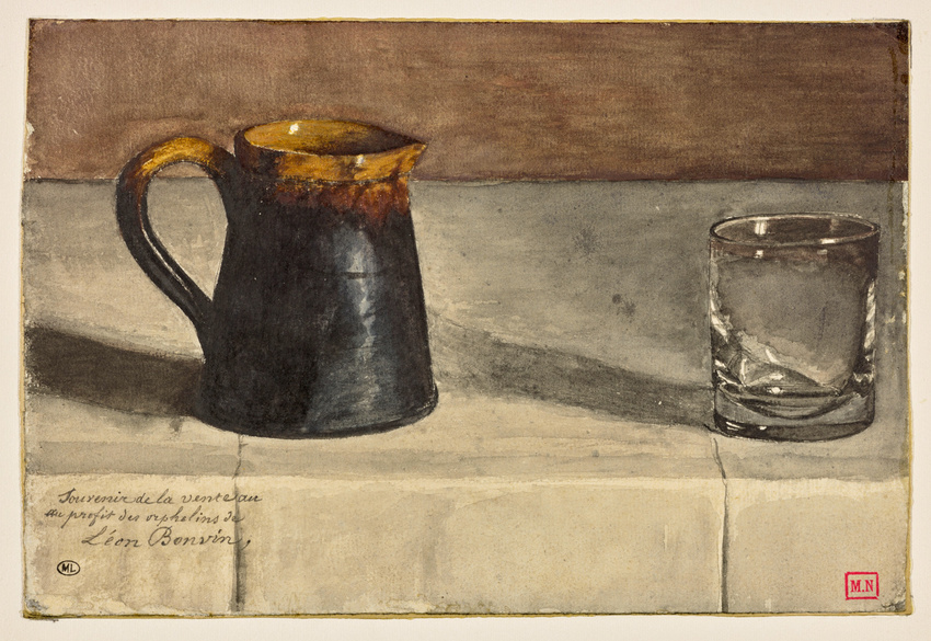 Léon Bonvin - Nature morte : pichet en terre cuite et verre sur une table