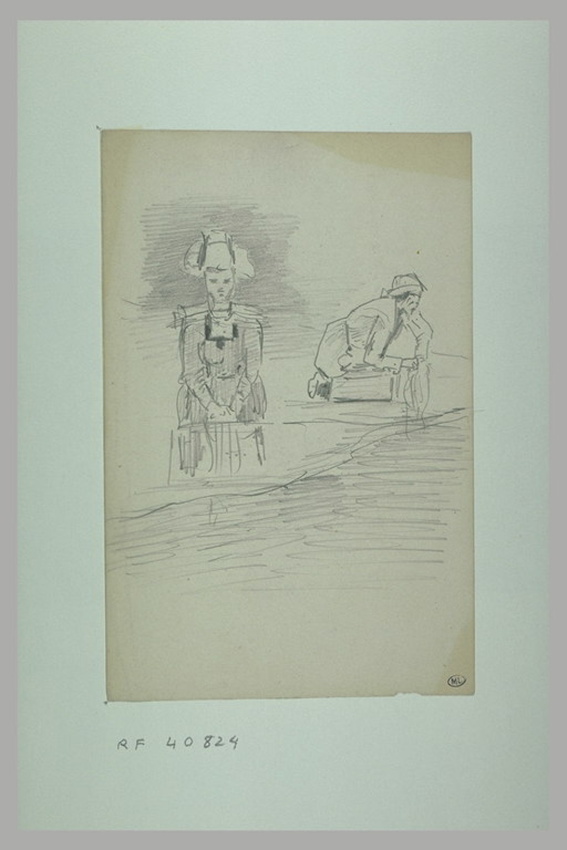 Odilon Redon - Deux Bretonnes lavant du linge à genoux, au bord de l'eau
