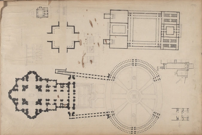 Louis Boitte - Plans d'un marché de Catane en Sicile, d'une église avec une plac...