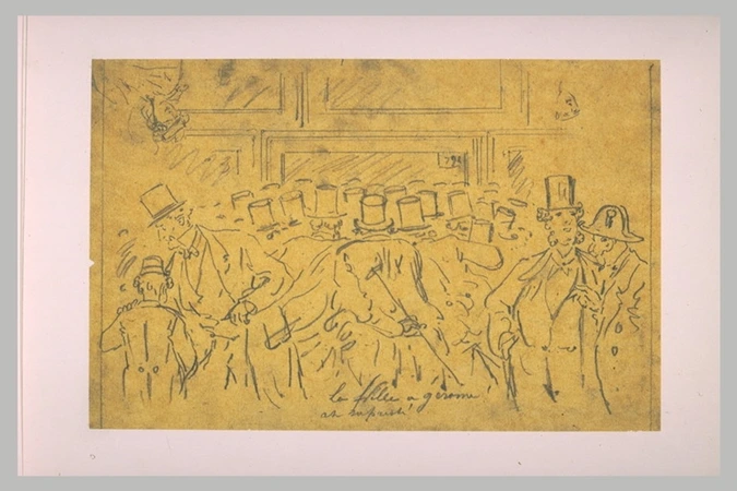 Alfred Grévin - Groupe de messieurs en chapeau haut de forme, devant un tableau ...