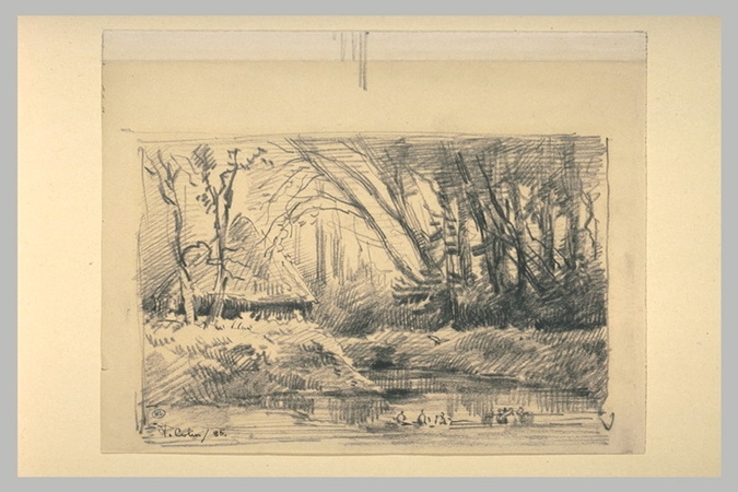 Rivière coulant dans un sous-bois ; croquis de falaises