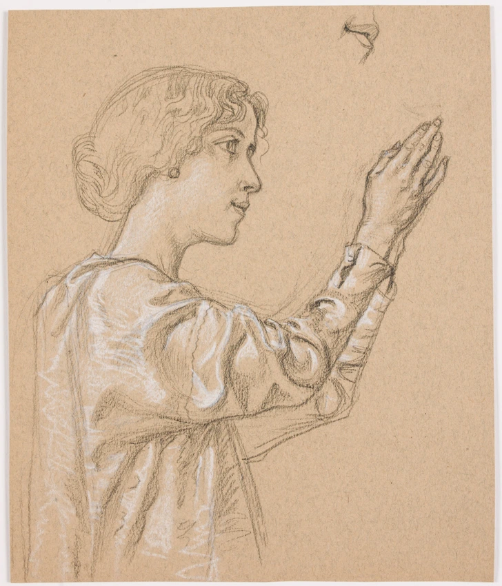 Eugène Grasset - Personnage féminin, à mi-corps, en chemise, de profil, les bras...