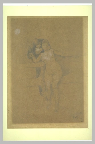 Alfred Roll - Homme en habit, derrière une balustrade, retenant une femme nue