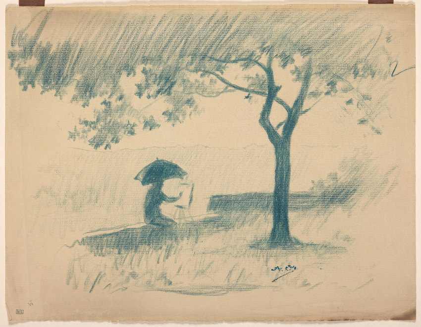 Alphonse Osbert - Personnage s'abritant sous un parapluie, assis sur un muret et...