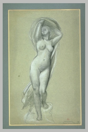 Eugène Delaplanche - Femme nue, debout, vue de face, soulevant ses voiles au-des...