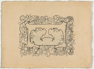 Emile Causé - Lettre ornée E entourée de fleurs, de fruits, de vagues
