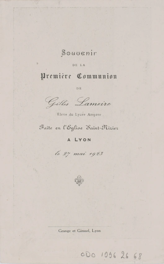Charles Lameire - Souvenir de la première communion de Gilles Lameire, carte ill...