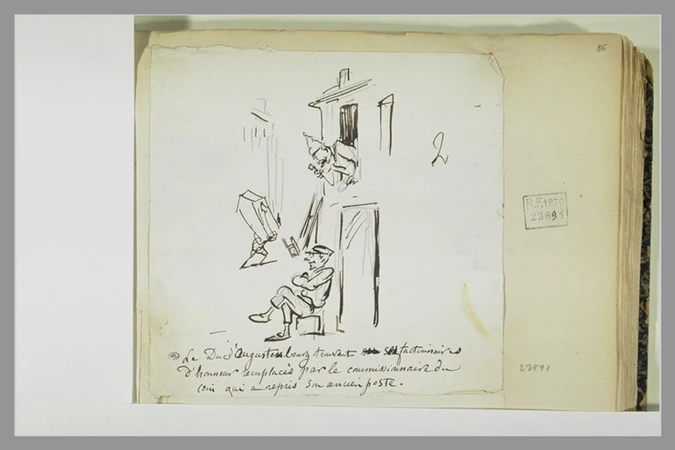 Cham - Caricature : homme en bonnet de nuit se penchant à la fenêtre d'une maiso...