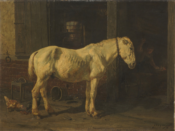 Jules Jacques Veyrassat - Vieux cheval à la porte d'un maréchal-ferrand