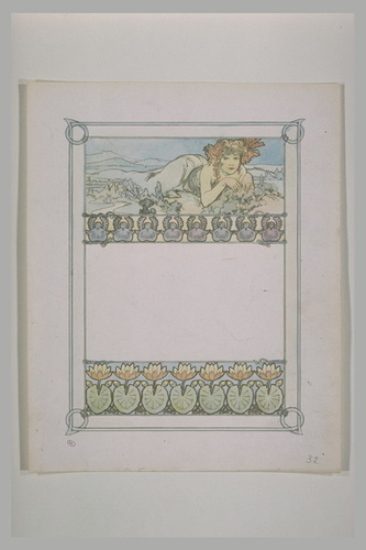 Alphonse Mucha - Figure géante d'une jeune fille allongée à plat ventre dans un ...