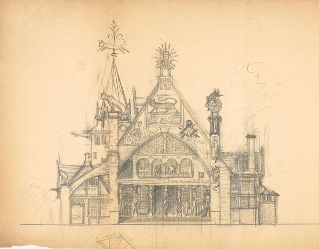 Eugène Grasset - Façade à large pignon et son décor pour le cabaret "Le Chat Noi...