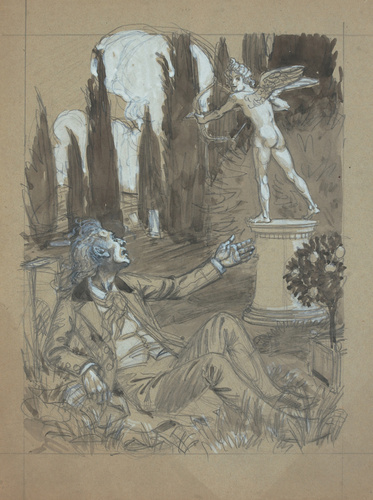 Eugène Grasset - Scène dans un paysage, homme en costume moderne à demi-allongé ...