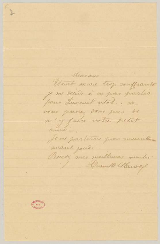 Camille Claudel - Lettre de Camille Claudel au capitaine Tissier où elle diffère...