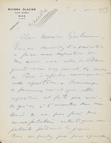 Henri Matisse - Correspondance manuscrite : Henri Matisse à Paul Guillaume