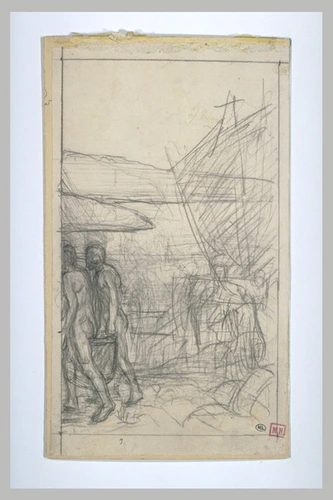 Pierre Puvis de Chavannes - Deux hommes nus allant vers la gauche, devant des ba...