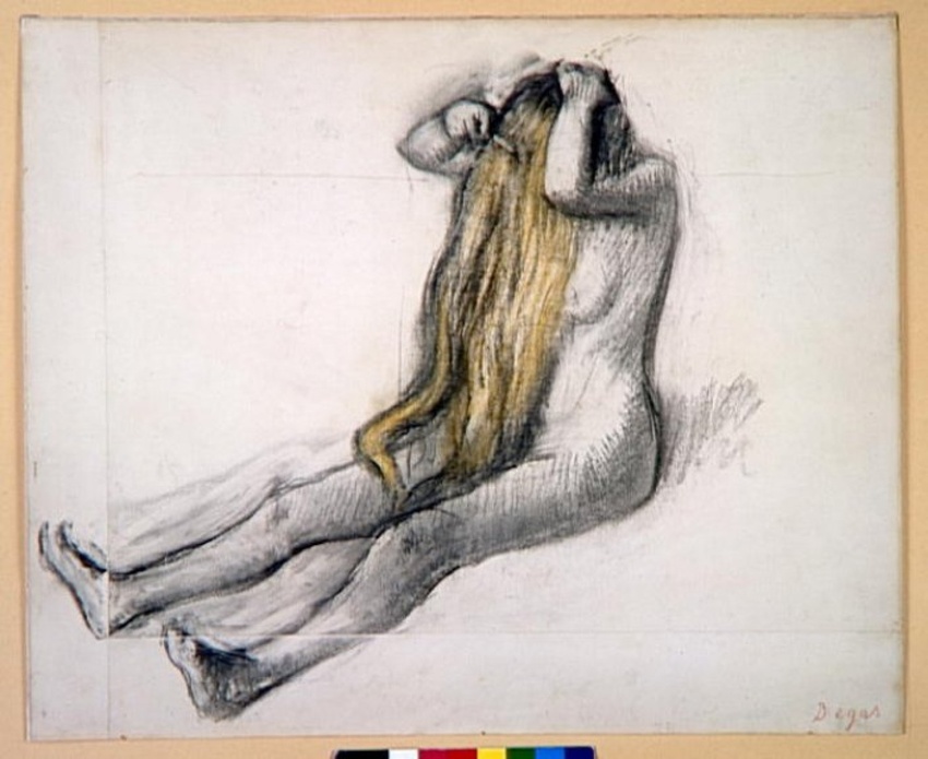 Femme nue, assise par terre, se peignant - Edgar Degas