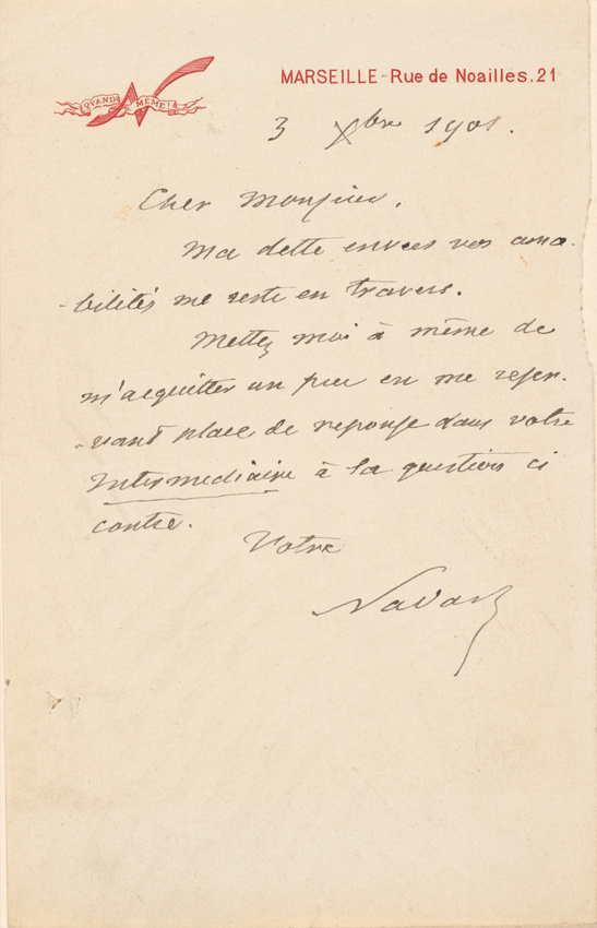 Nadar - Mot de Nadar sur son papier à lette "N quand même - Marseille, rue de No...