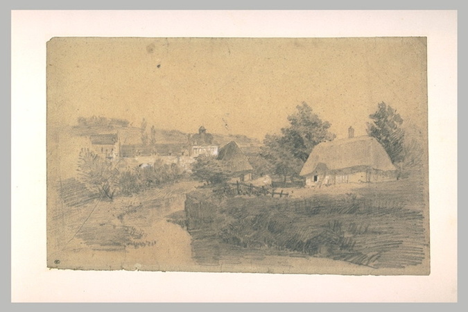 Eugène Boudin - Paysage de Normandie, avec un village traversé d'un cours d'eau