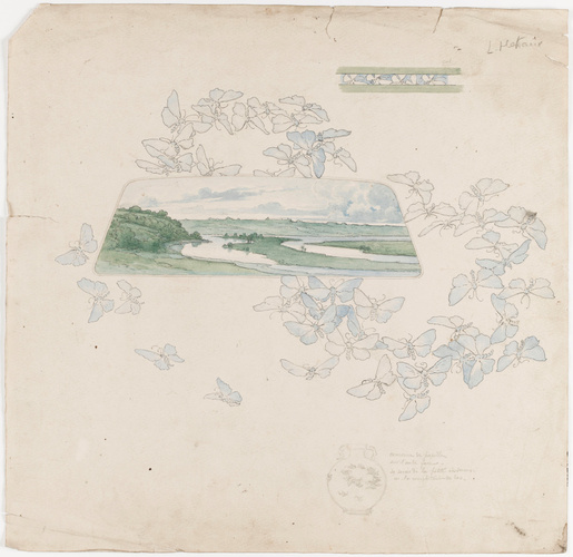 Louis Hestaux - Paysage et couronne de papillons