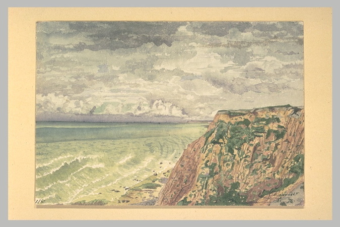 Eugène Louis Henri Chauvin - Falaise dominant la mer grise sous un ciel chargé, ...