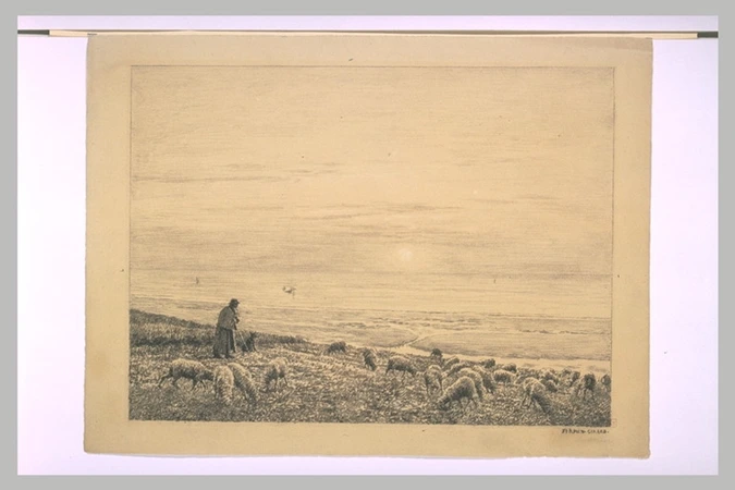 Firmin Girard - Troupeau de moutons et son berger, sur une colline dominant une ...