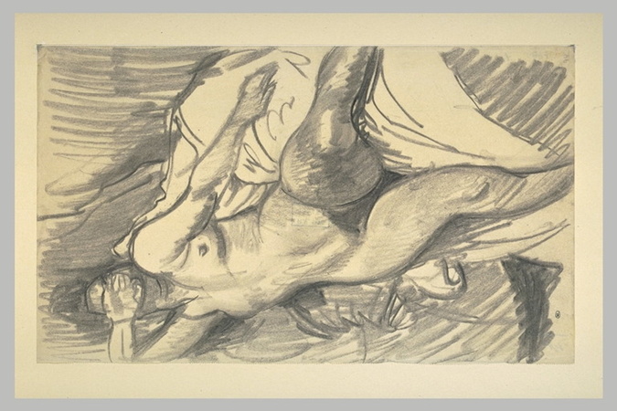 Théophile Alexandre Steinlen - Etude de femme nue, couchée sur un lit cachant le...