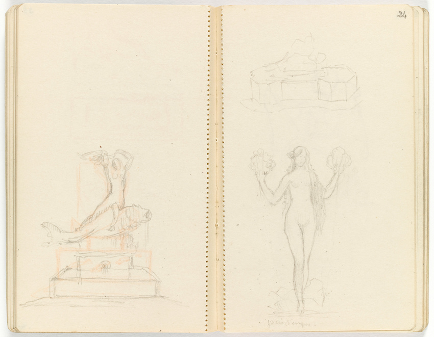 Jean Hugues - En haut, croquis d'une base pour un groupe sculpté ; en bas, femme...