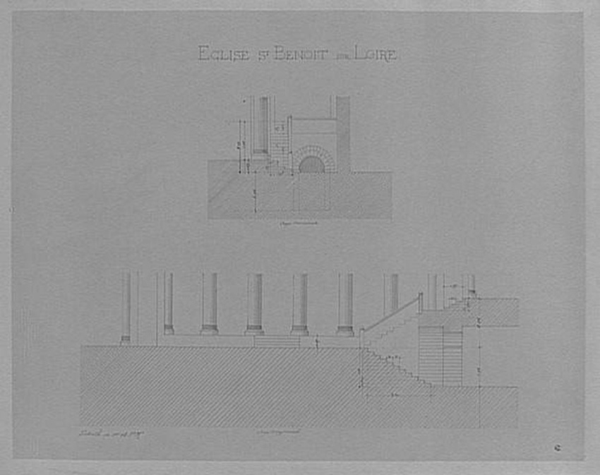 Juste Lisch - Eglise de Saint-Benoît-sur-Loire, coupes transversale et longitudi...