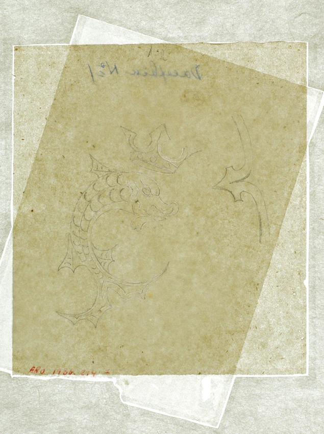 Emile Gallé - Poncif pour le décor d'un cendrier : dauphin héraldique couronné