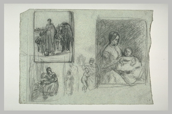 Jean-François Millet - Etudes pour la Bouillie de l'enfant ; bergère et troupeau