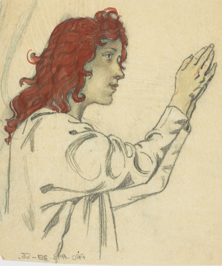 Eugène Grasset - Femme, à mi-corps, rousse, en chemise, mains jointes et bras le...